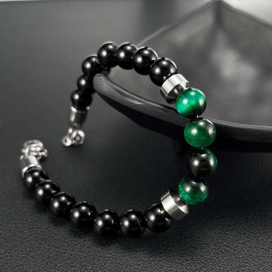 Men's Natural Green/Black Stone Bracelet with Stainless Steel Metal