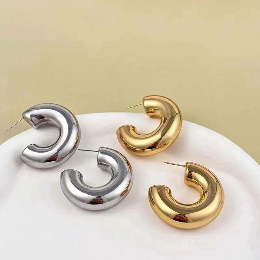 1 paire de boucles d'oreilles en forme de C épais, acier inoxydable, plaqué or 18 carats 