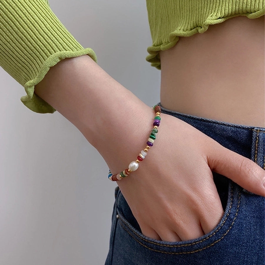 Colorful Arm Candy Bracelet Stainless Steel Natural Pearl Natural Stone